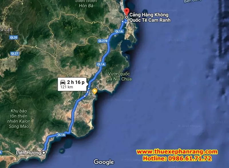 Khoảng cách tuyến đường Sân bay Cảm Ranh đi Liên Hương, Bình Thuận